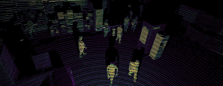 Lidar point cloud of pedestrians walking through a subway station