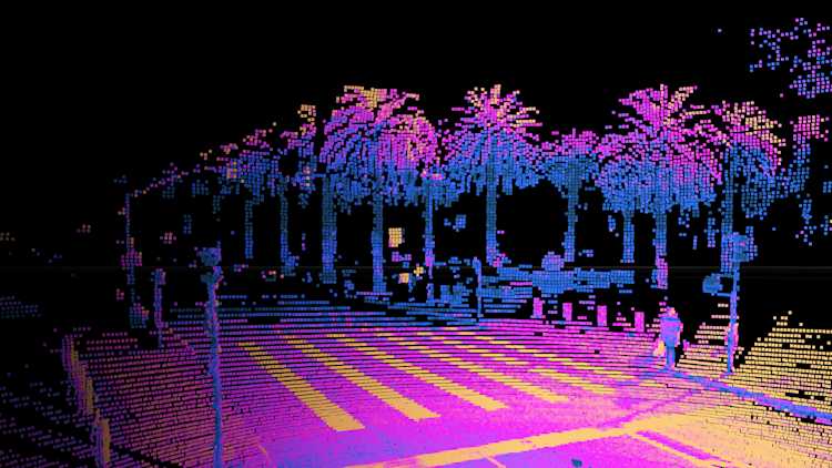 An Ouster digital lidar sensor captures people and vehicles at an intersection