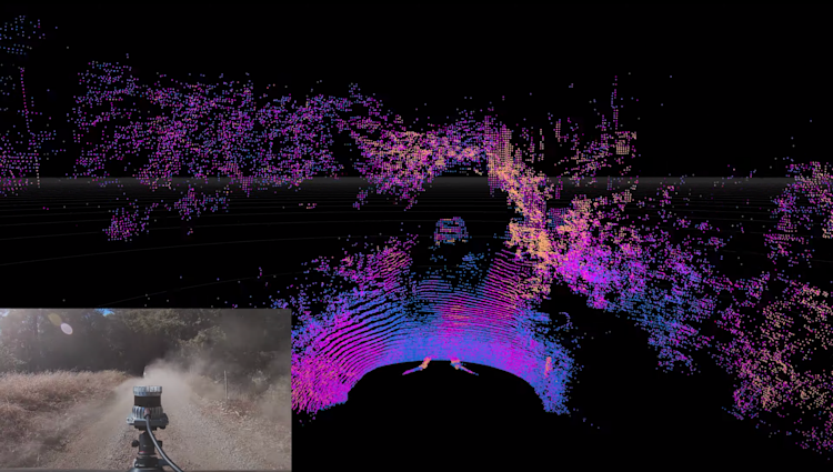 Ouster lidar point cloud detects a vehicle obscured by dust on a dirt road