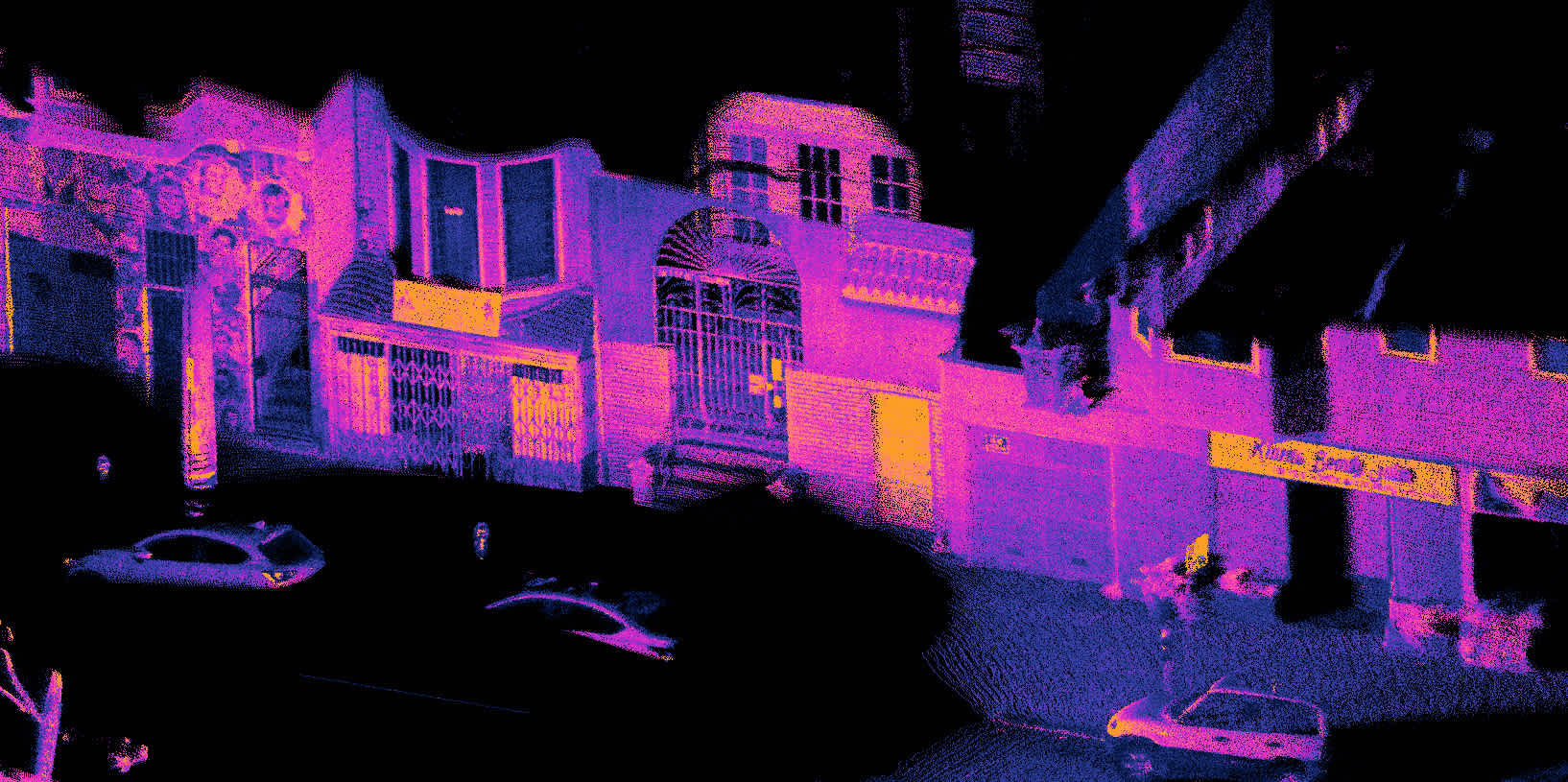 A point cloud of cars, houses, murals, and businesses