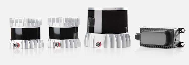 The Ouster Lidar Sensors: OS2 long-range lidar sensor, OS1 lidar sensor with radial cap, and OS0 ultra-wide field of view lidar sensor with configurable flat cap.
