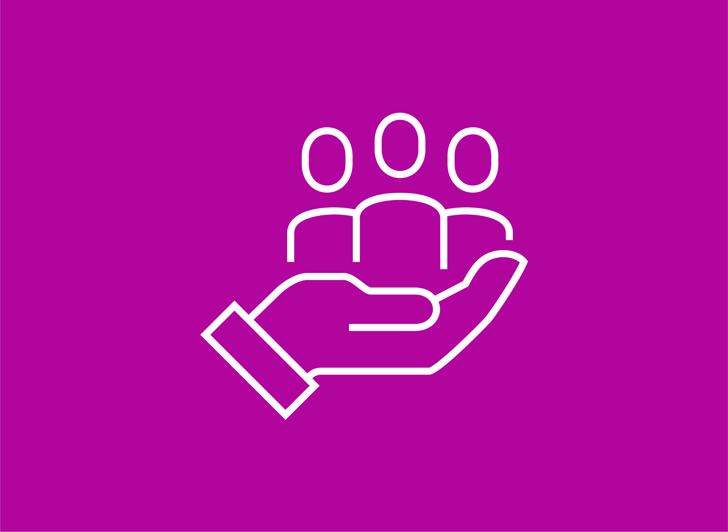 Purple icon of a hand with three people standing on the palm