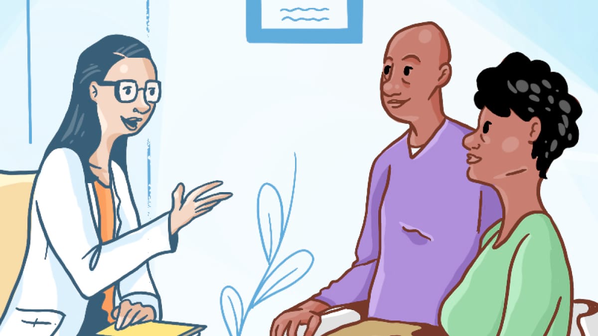 Cartoon of a healthcare professional sitting down and talking to two adults. 