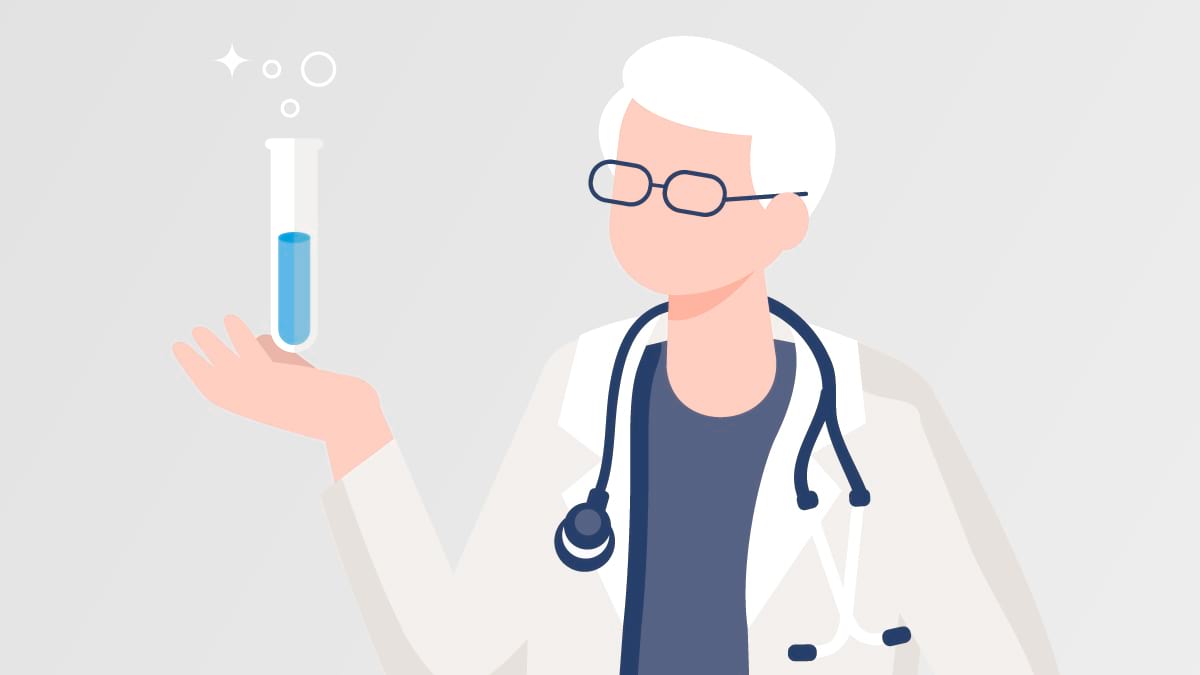 Cartoon of a healthcare professional with short white hair holding up a test tube. 