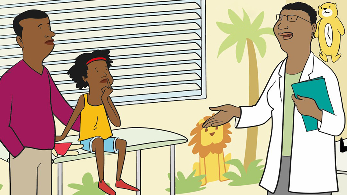 A cartoon of a healthcare provider talking to a parent and child in a colorful yellow room. The healthcare provider is asking "Do you want to be in the study?".