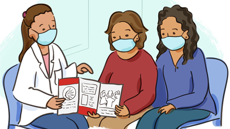 Cartoon of a healthcare professional explaining the contents of a breast cancer brochure to two adults. They are sitting down and wearing medical face masks. 