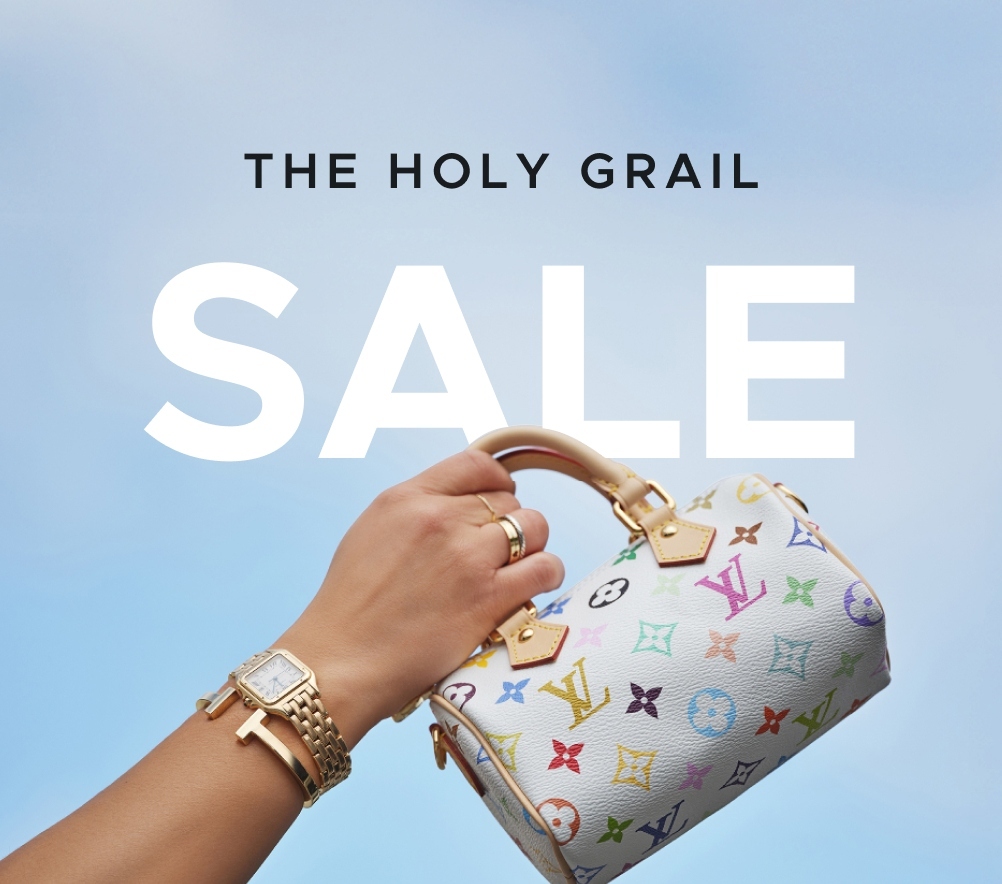 a woman's arm wearing a yellow gold Tiffany T Bar bracelet cuff and yellow gold Cartier Panthere watch and holding a Louis Vuitton Monogram Multicolor nano Speedy bag