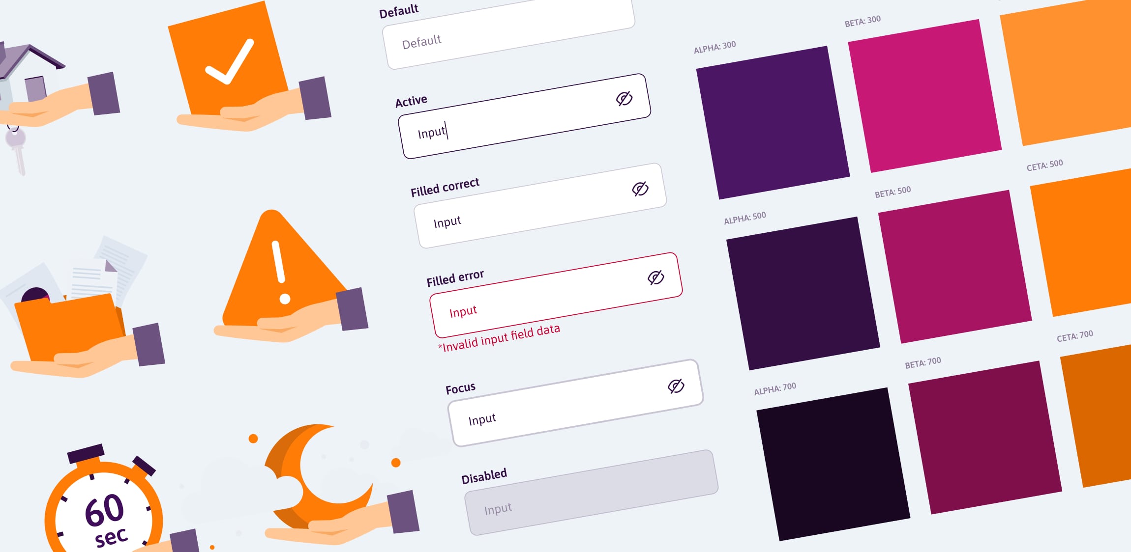 Een voorbeeld van een design system van Obvion waaronder illustraties, input velden en kleuren
