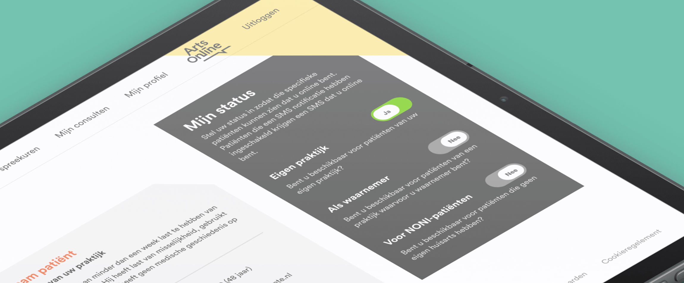 ArtsOnline - Een tablet met daarop de website op een groenblauwe achtergrond