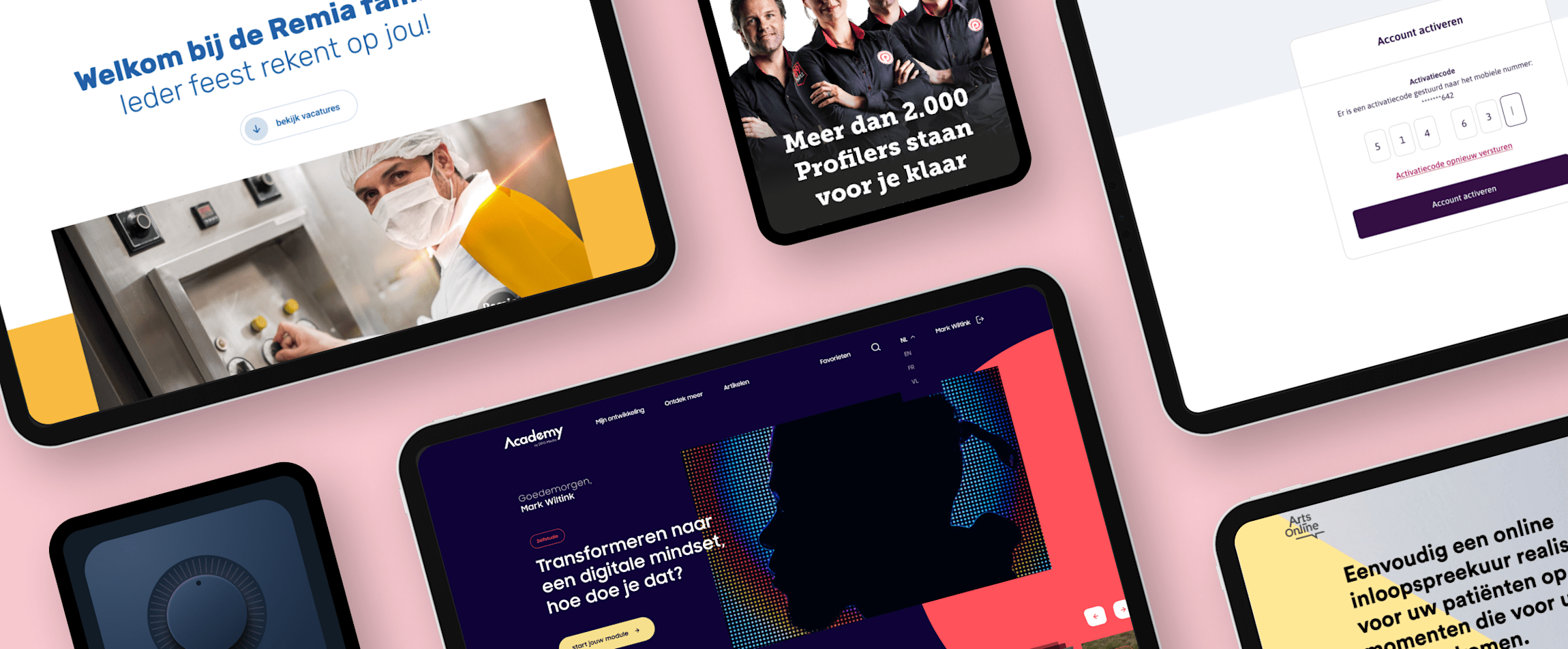 Een paar voorbeelden van maatwerk projecten waaronder Remia, Profile, Obvion, ArtsOnline, DPG Media.