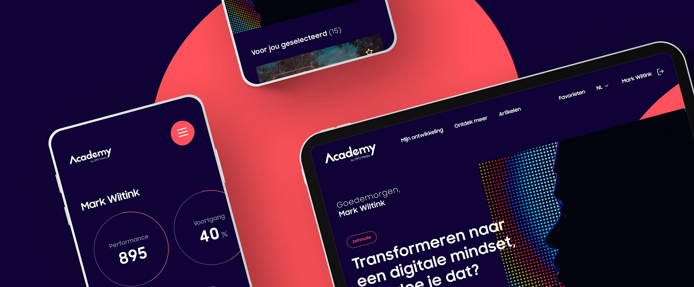 DPG - drie mobile devices tonen de DPG website, in donker paarse kleuren.