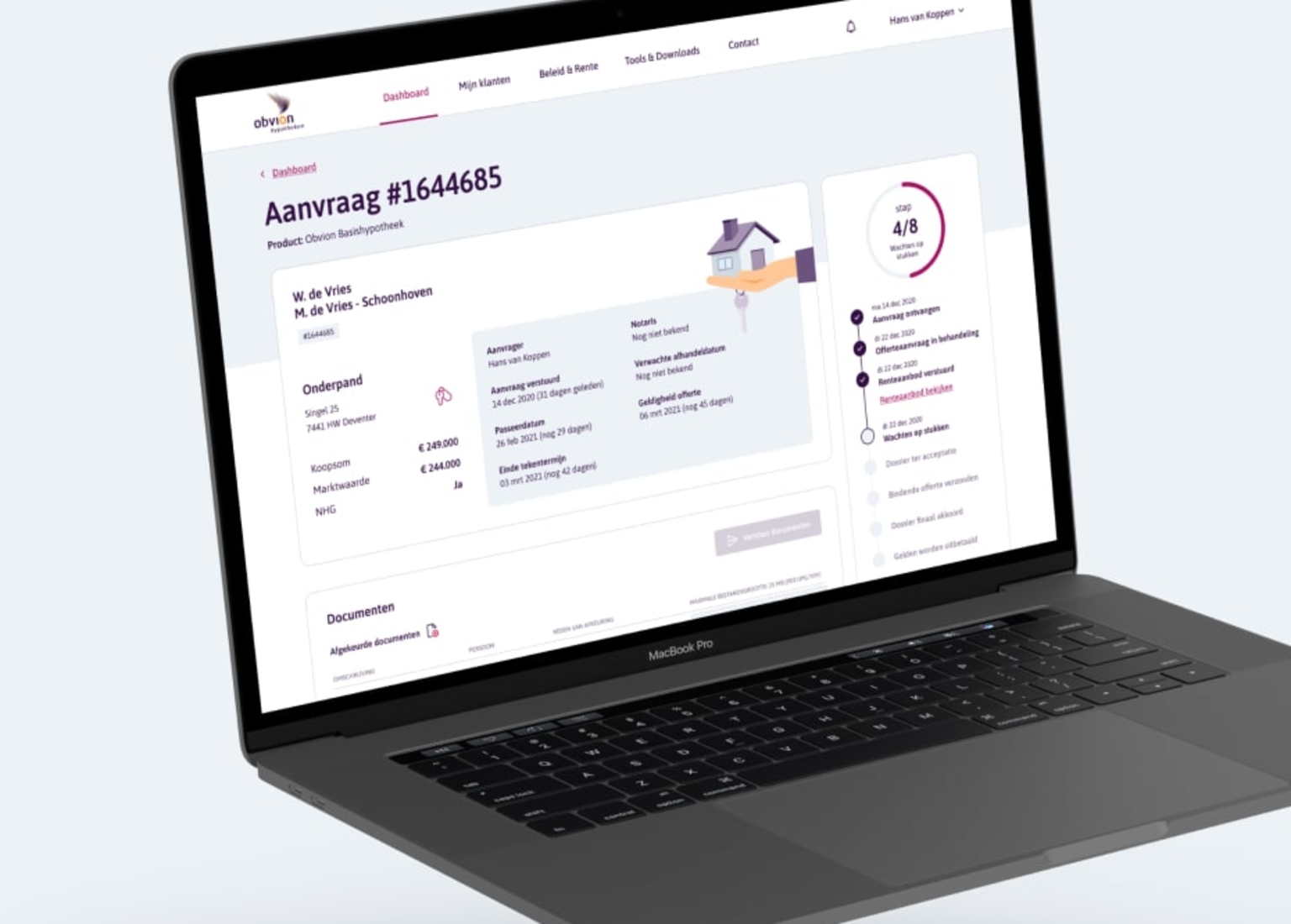 De aanvraag pagina getoond op een tablet