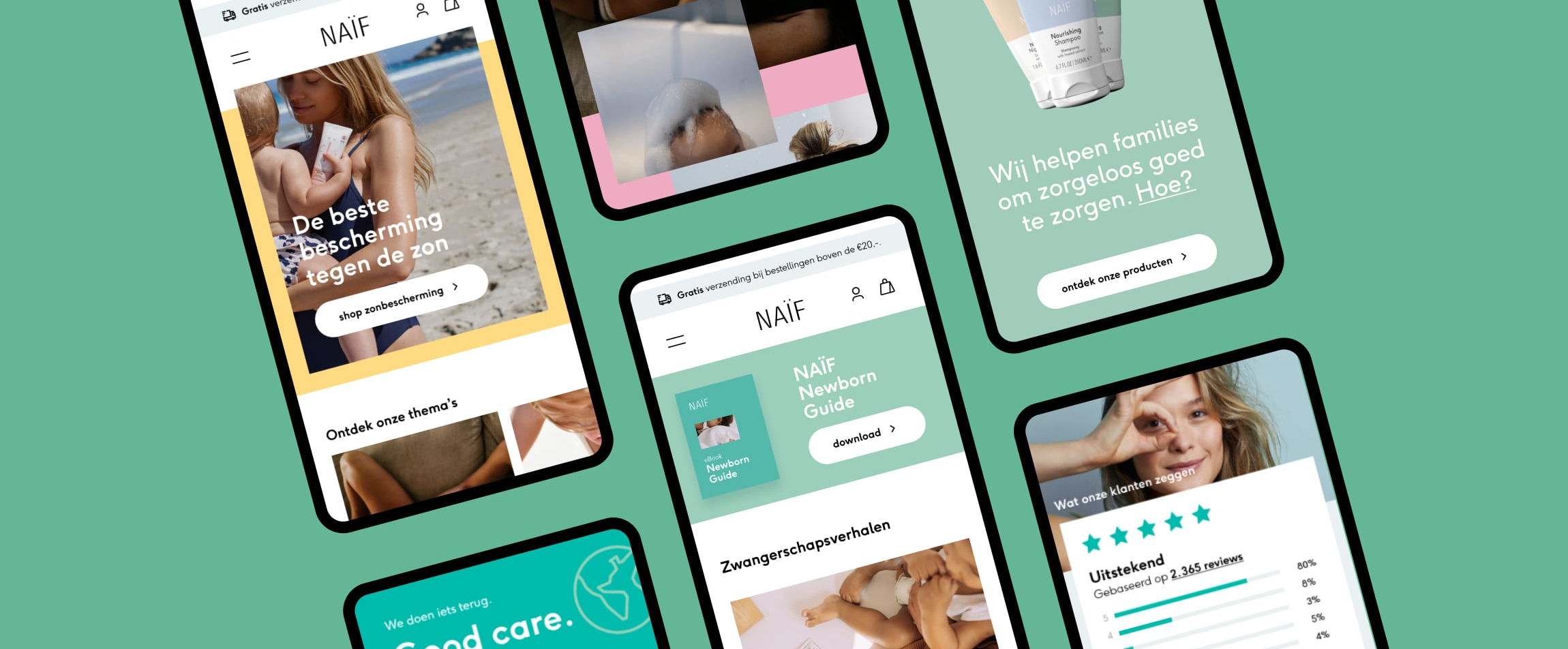 Een paar schermen van Naïf getoond op enkele mobiele apparaten, deze liggen op een groene achtergrond