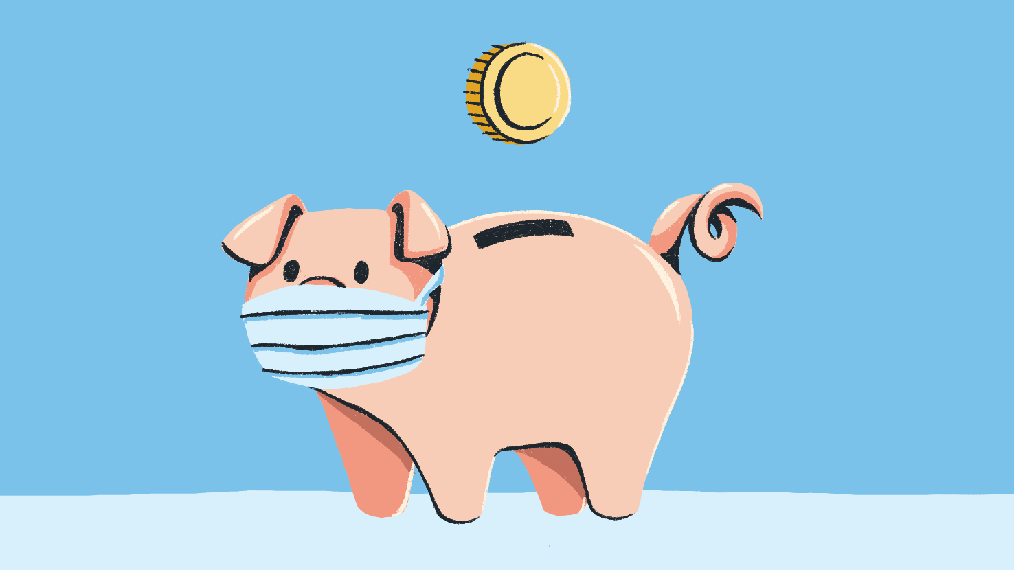 Illustration of a piggy bank wearing a medical mask and a coin dropping into the slot.