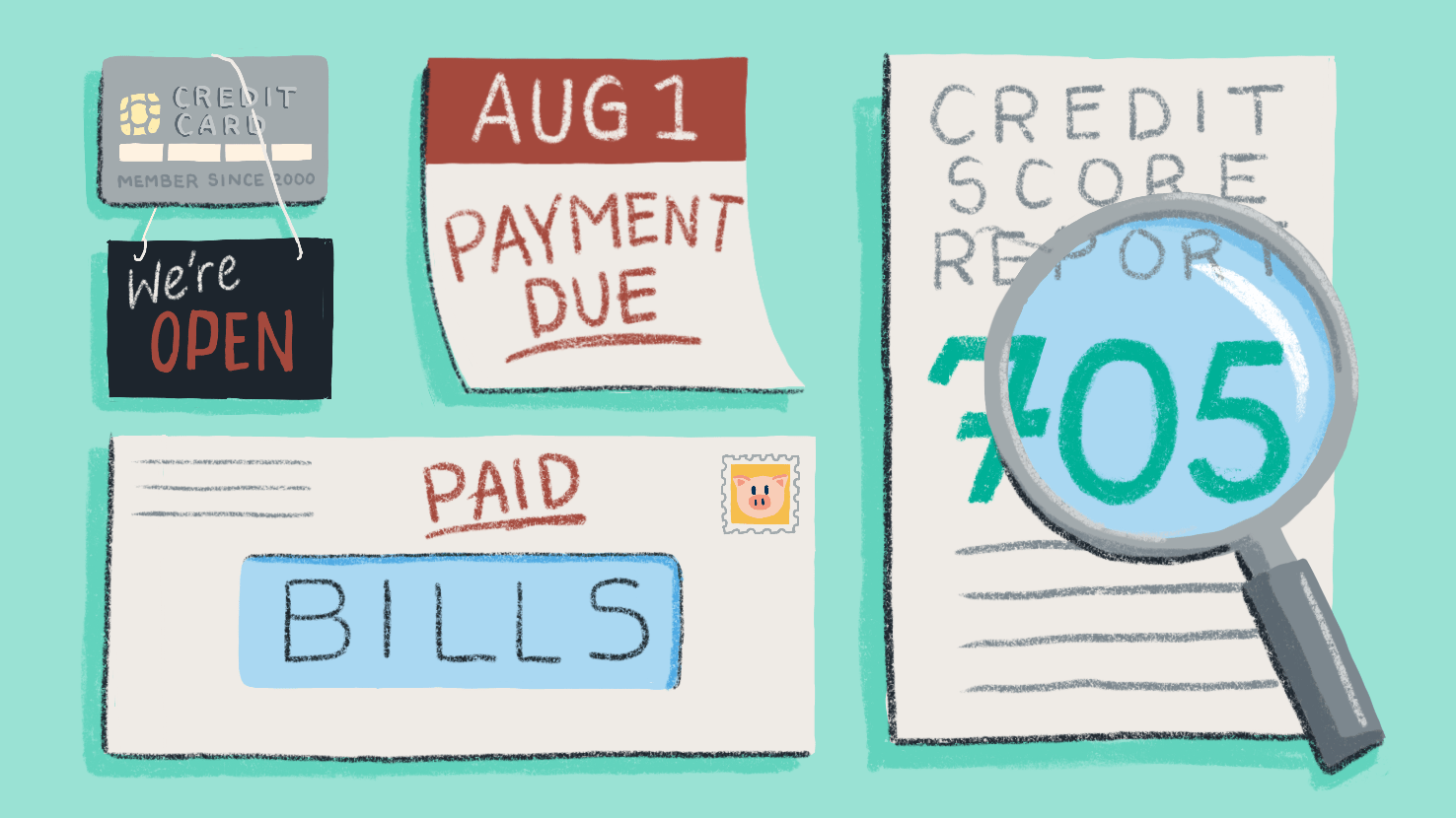 Illustration of a credit card, a bill, a calendar and a credit score report