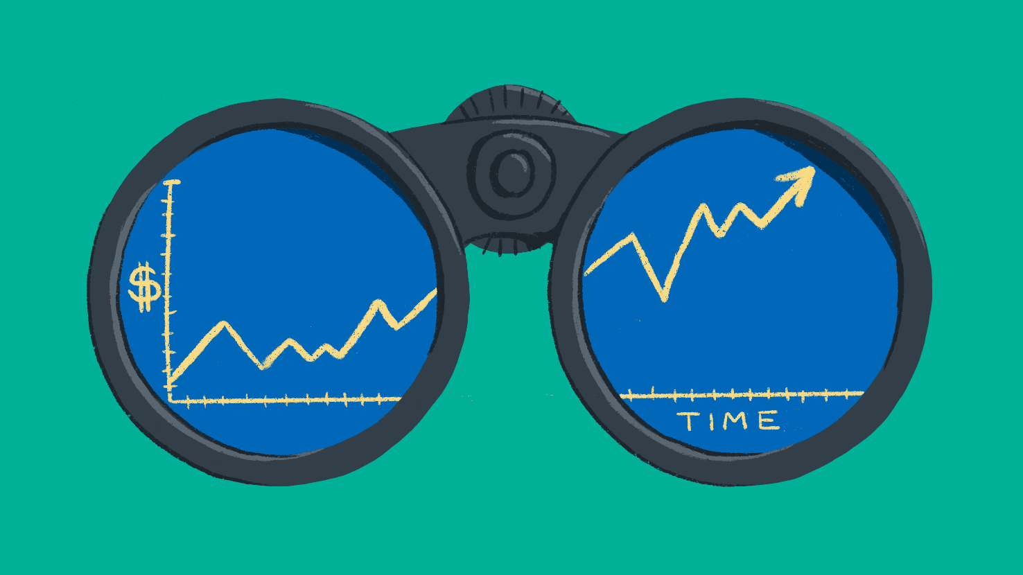 Illustration of binoculars with a jagged but trending up line graph.