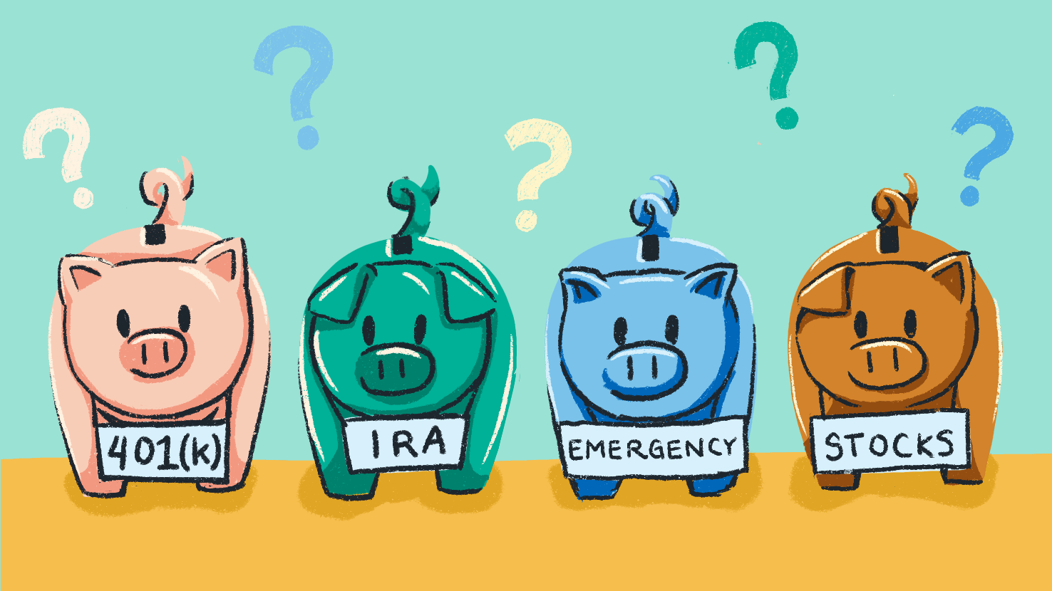 Four piggy banks each with a label representing a different form of investment set on a field of question marks