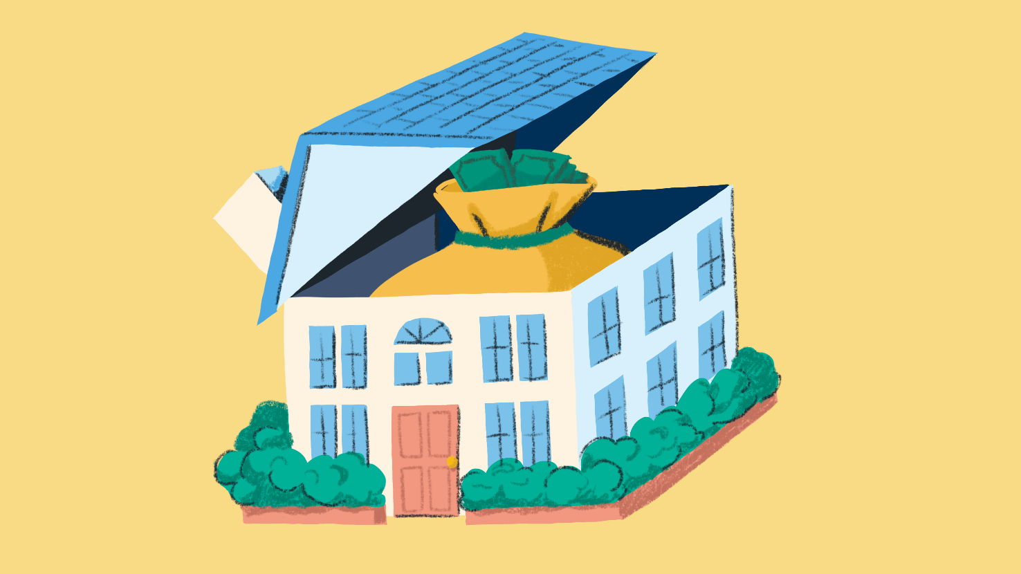 Illustration of a sack of money inside a house