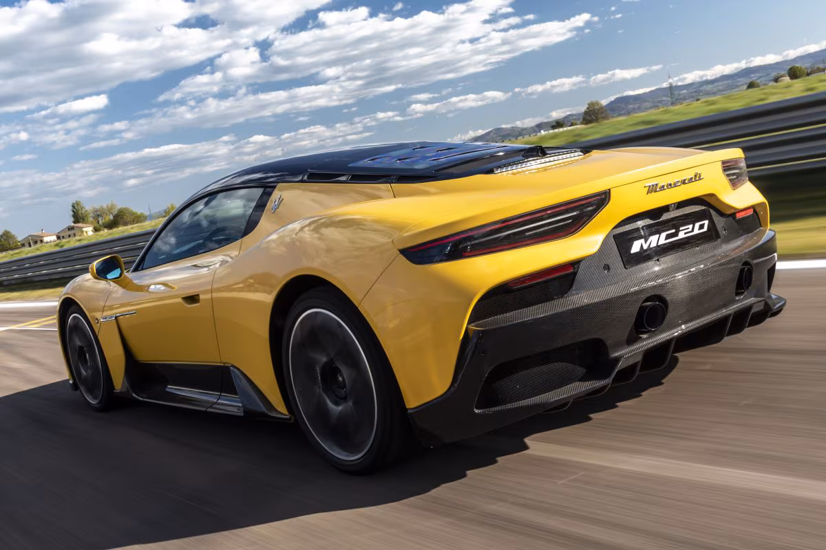Maserati MC20 coupe yellow rear