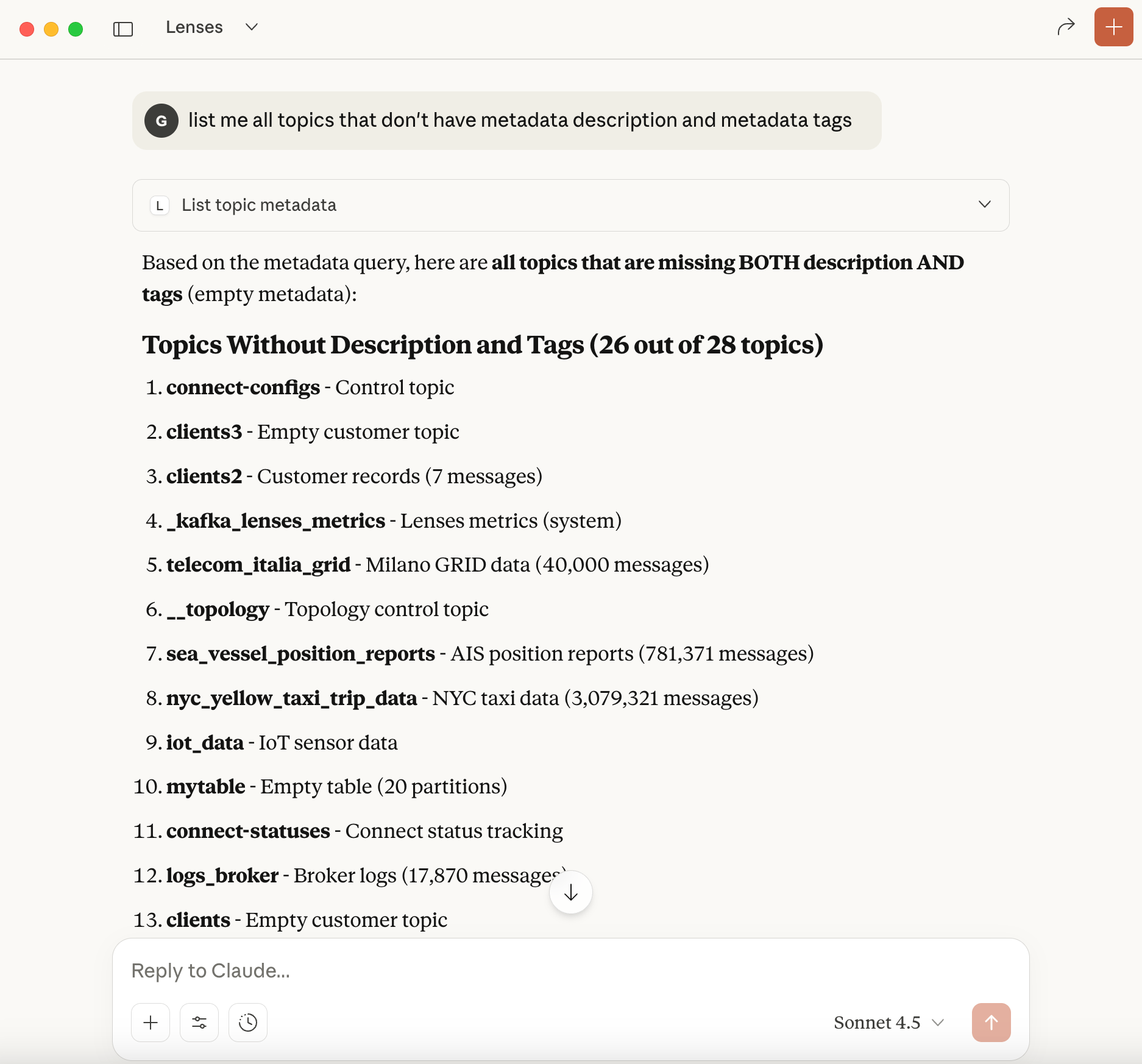 list topics with no metadata Claude AI