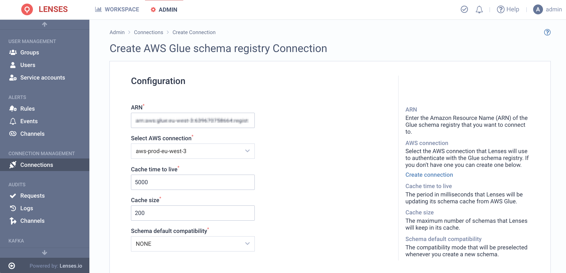 Create connection to AWS Glue Schema Registry from Lenses