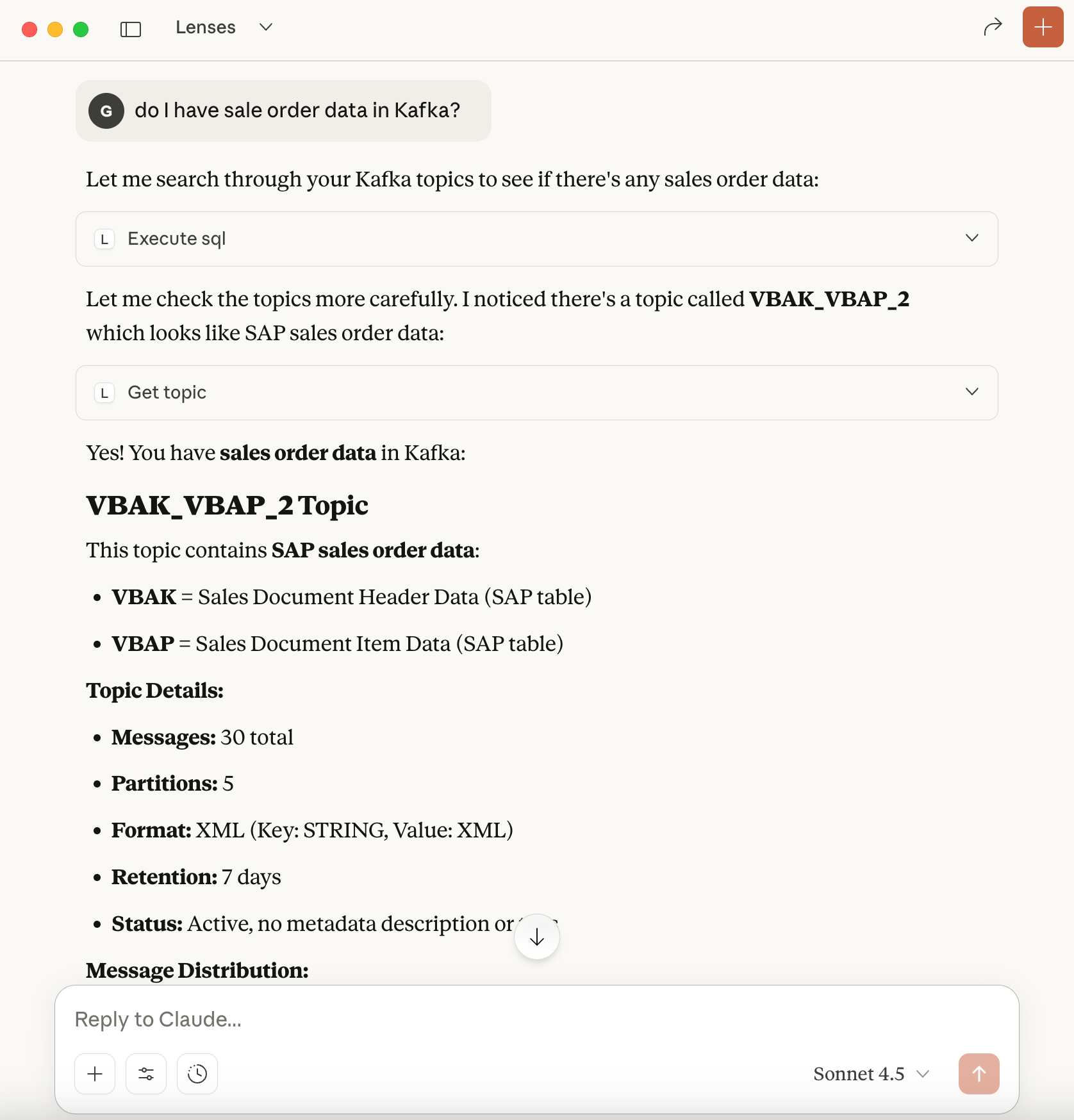 Prompt if there's Sales Orders in Kafka with Claude AI
