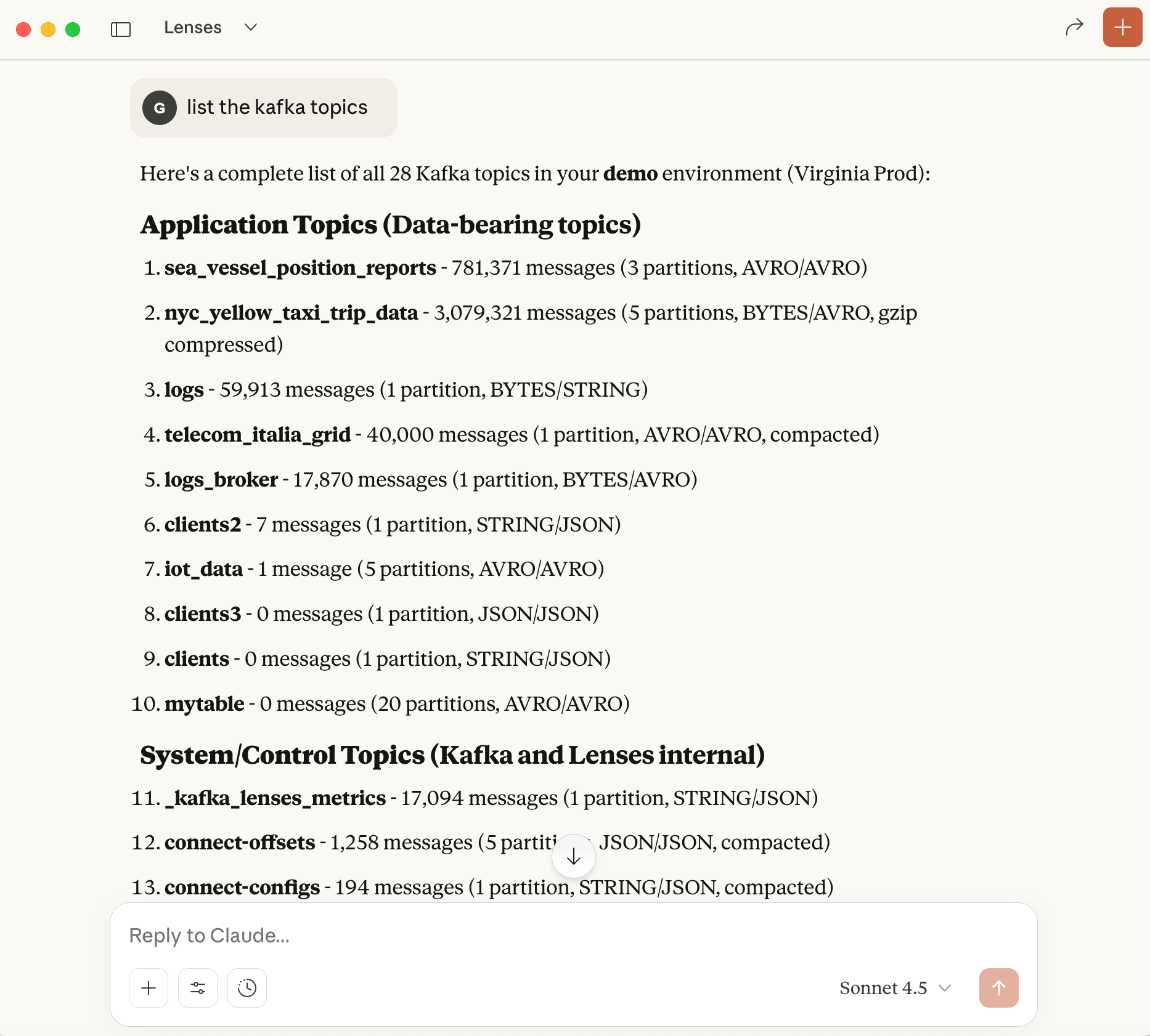 Claude AI list kafka topics