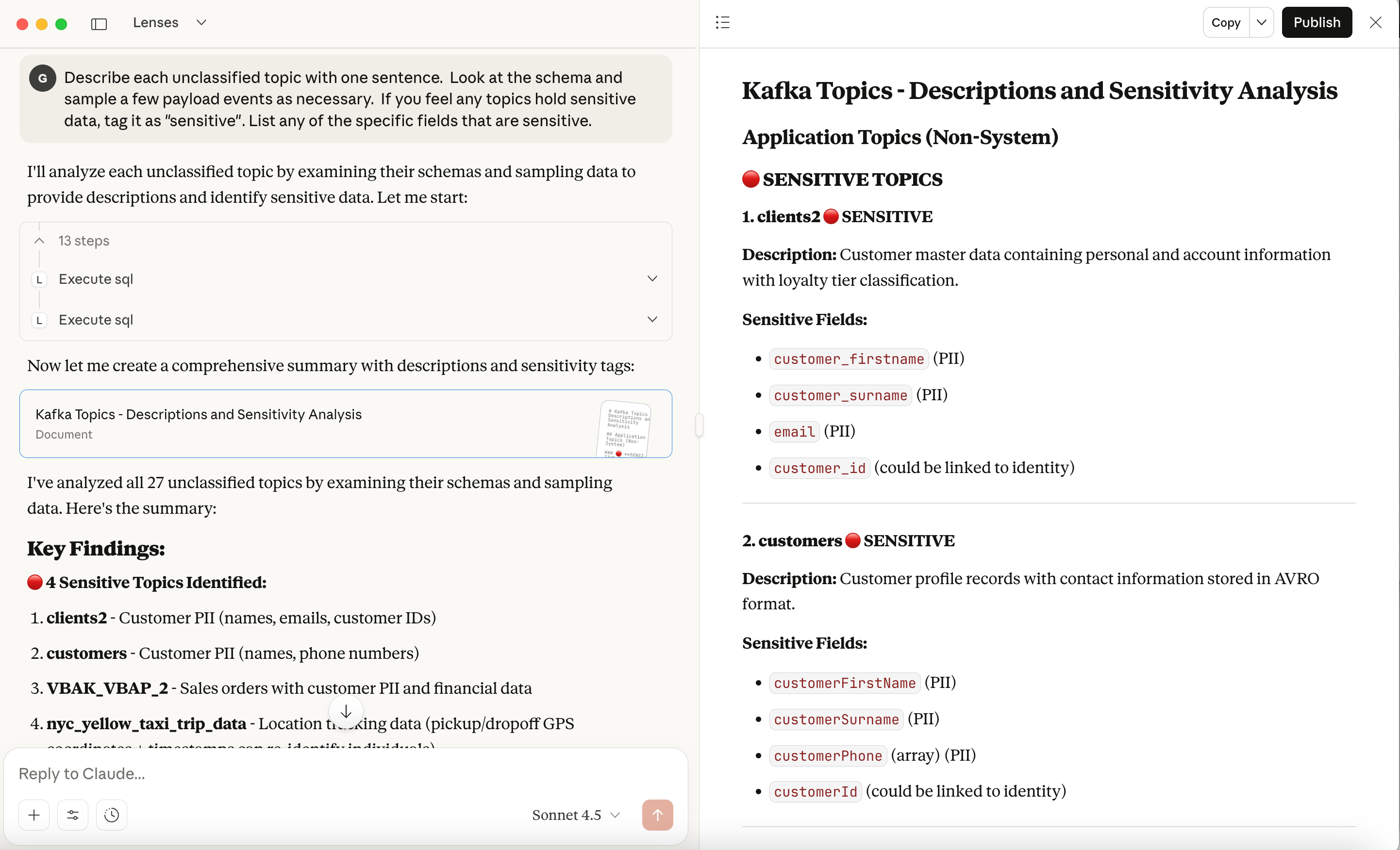 Describe Kafka topics with Claude