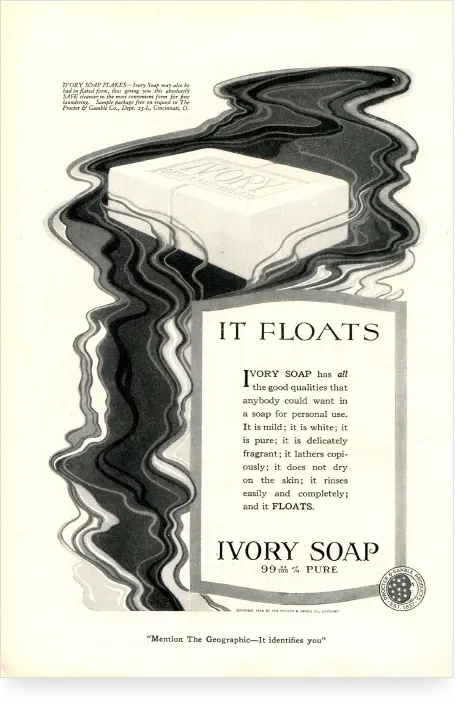 Vintage Ivory ad reading 'It Floats' with illustration of floating soap bar and 99.44% purity claim