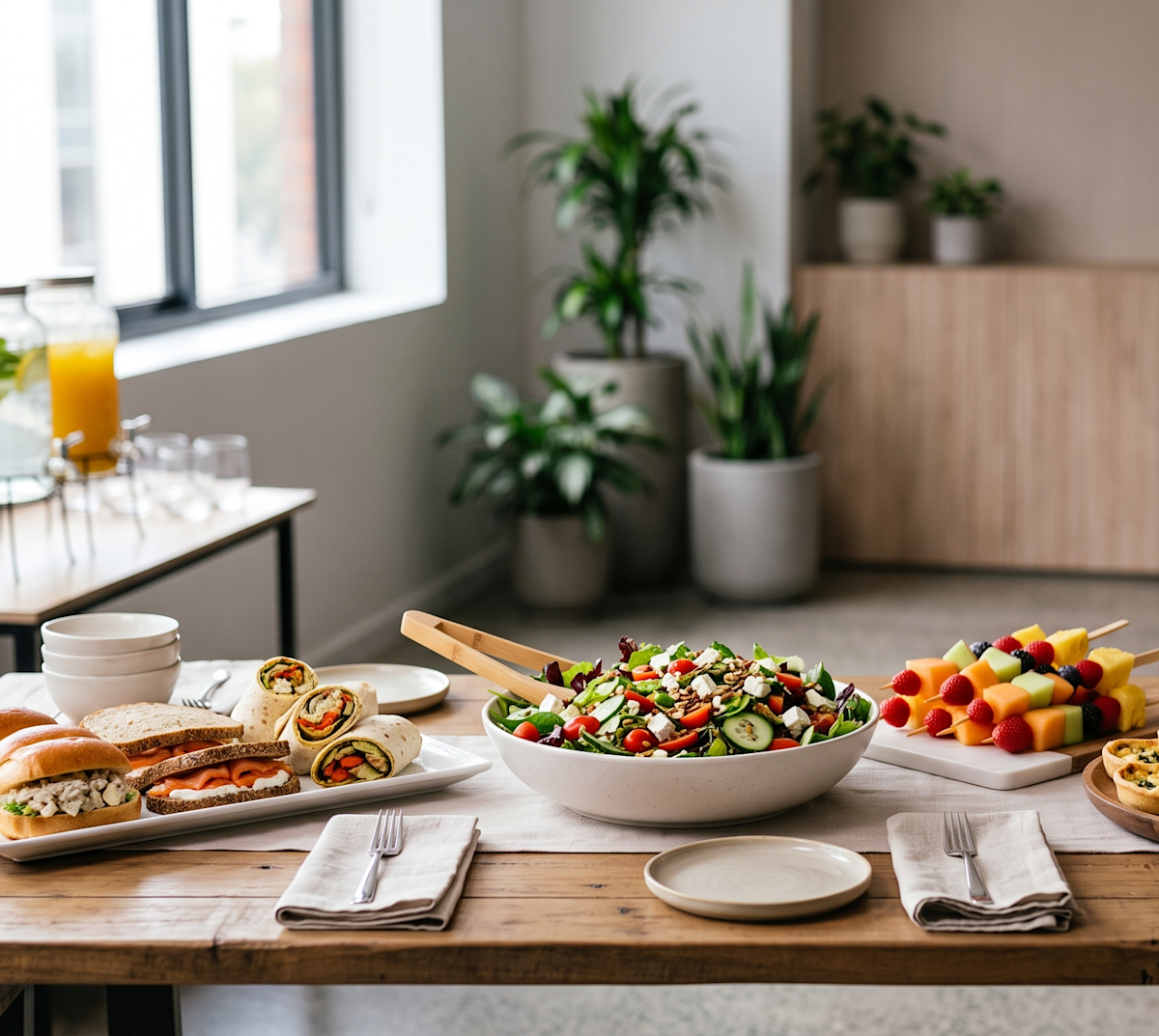 A table at an office with food