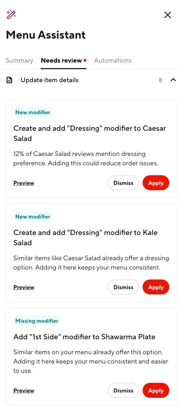 DoorDash Menu Assistant - Needs Review Tab
