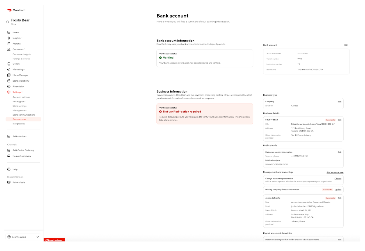 Merchant Portal - Edit Banking Information