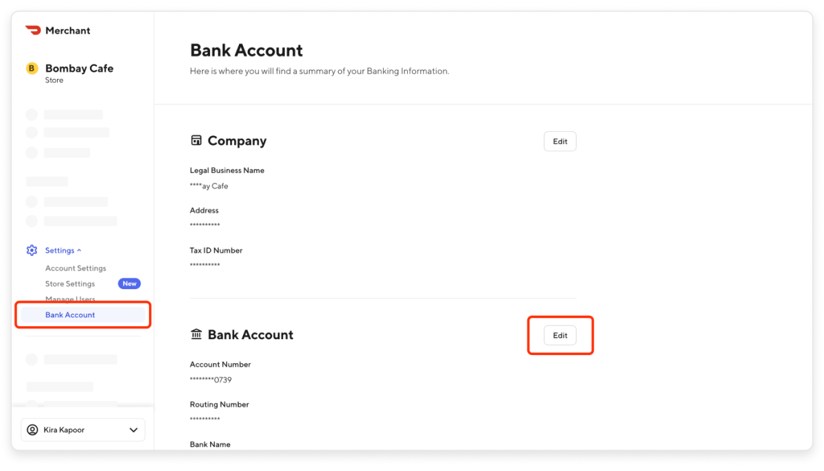 Merchant Portal - Edit Banking Information