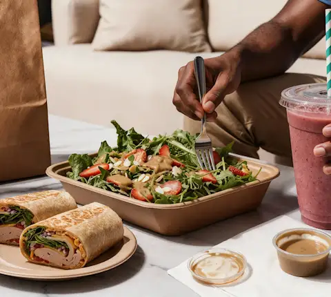A person having lunch and a smoothie