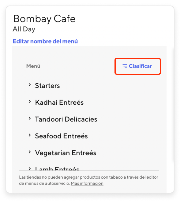 Merchant Portal - Menu Sort