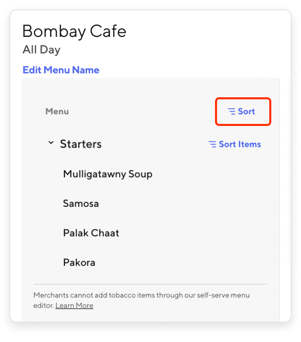 Merchant Portal - Menu Sort