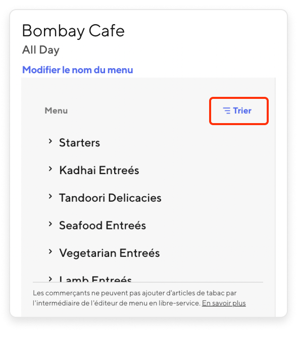 Merchant Portal - Menu Sort