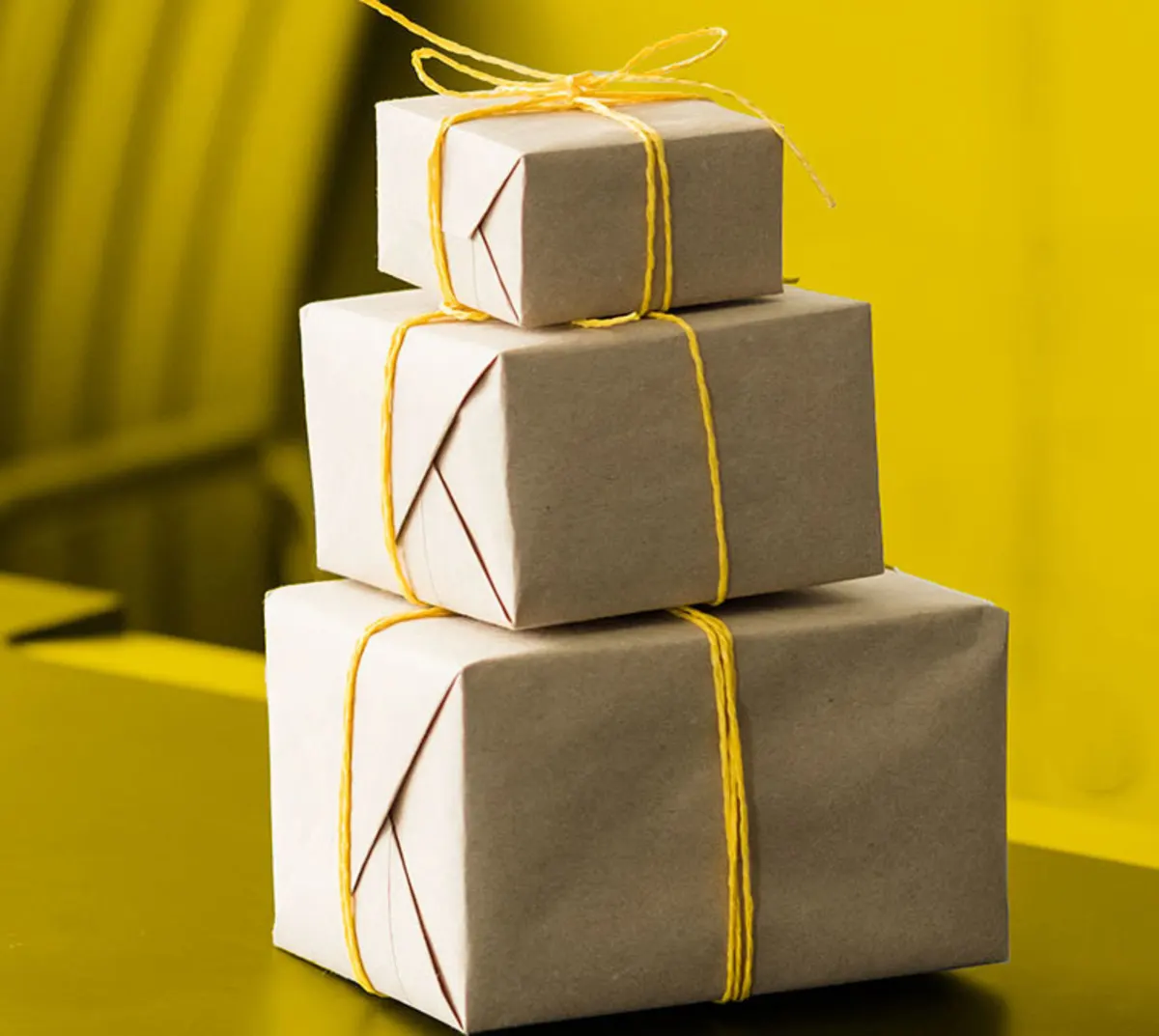 Packaged office gifts sitting on a desk