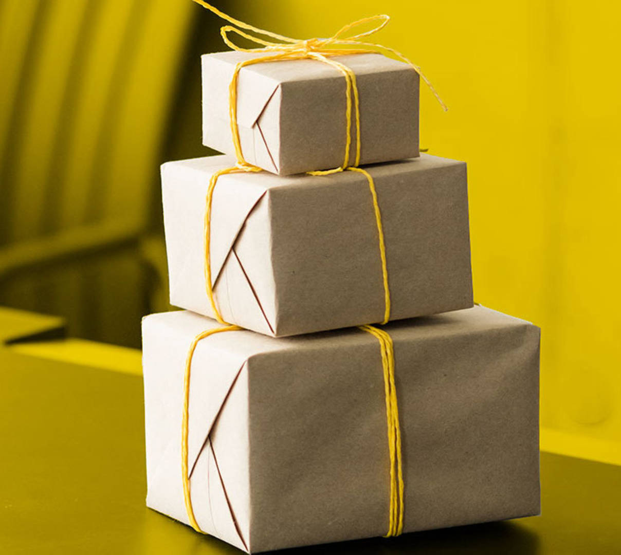 Packaged office gifts sitting on a desk