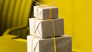 Packaged office gifts sitting on a desk