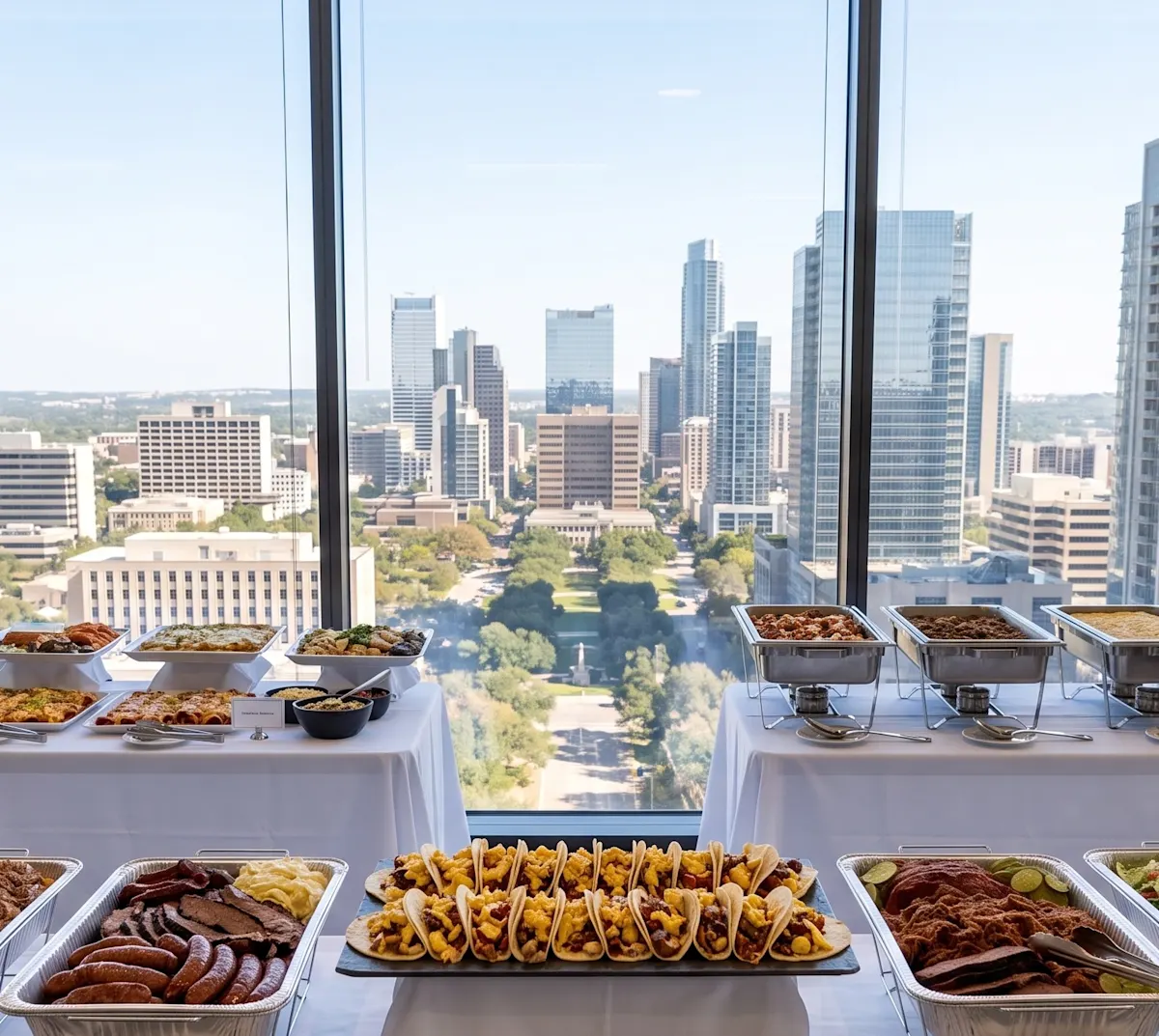 Tex-Mex food, breakfast tacos, bbq served in platters in an office in Austin