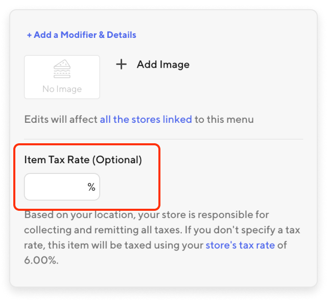 Merchant Portal - Menu Item Tax