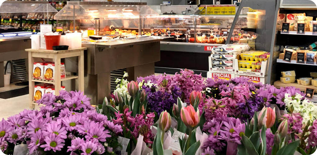 bouquets of flowers in supermarket