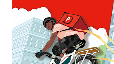 Illustration of a bike dasher dashing in Sydney on a Zoomo e-bike