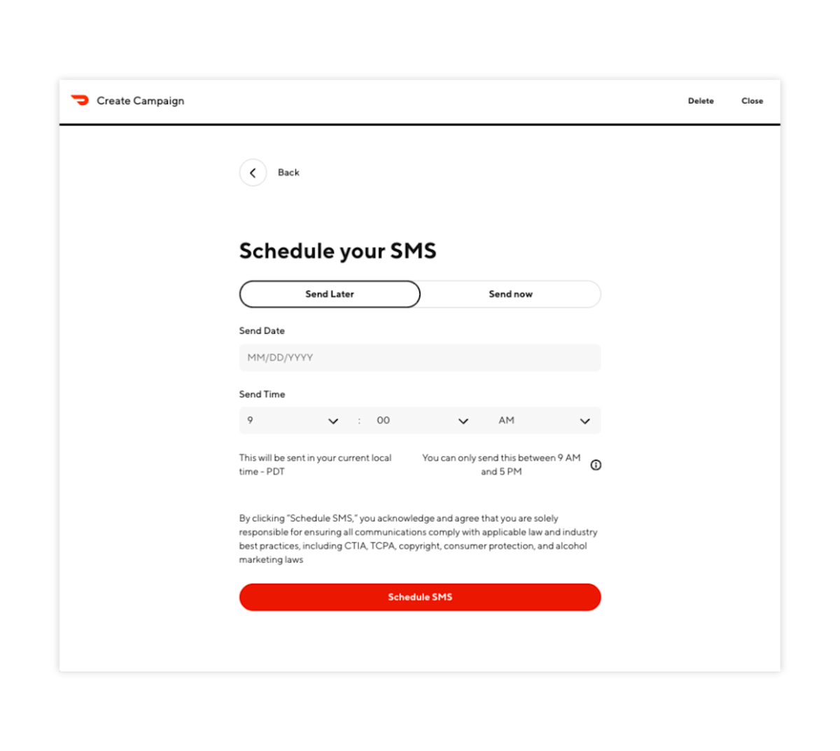 Restaurant CRM Campaign SMS Scheduling Screenshot