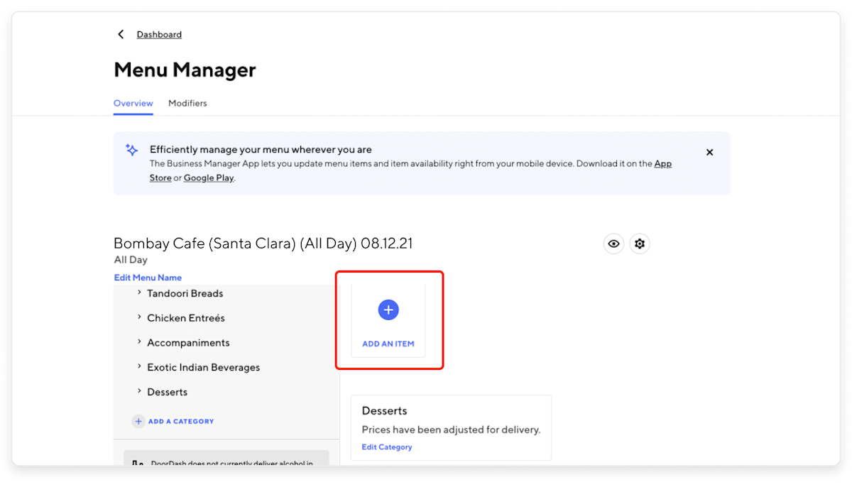 Merchant Portal - Menu Manager