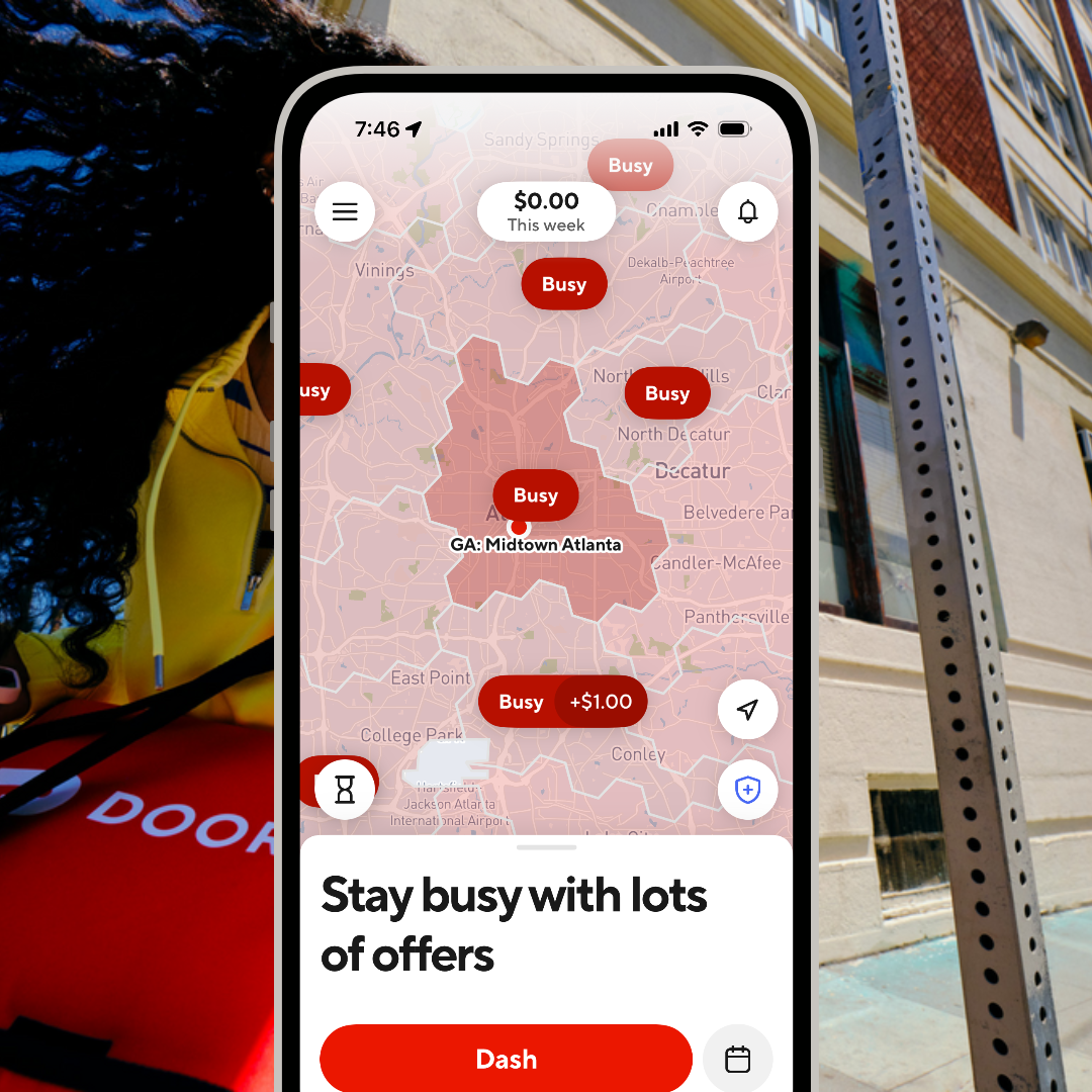 Phone with Dasher app showing areas to Dash in Atlanta