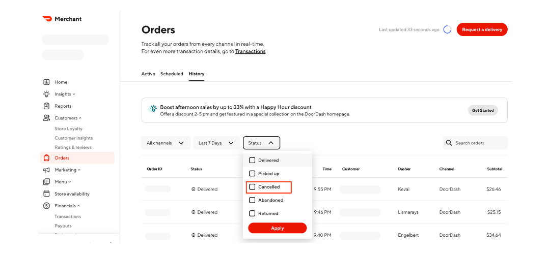 DoorDash Merchant Portal - Orders