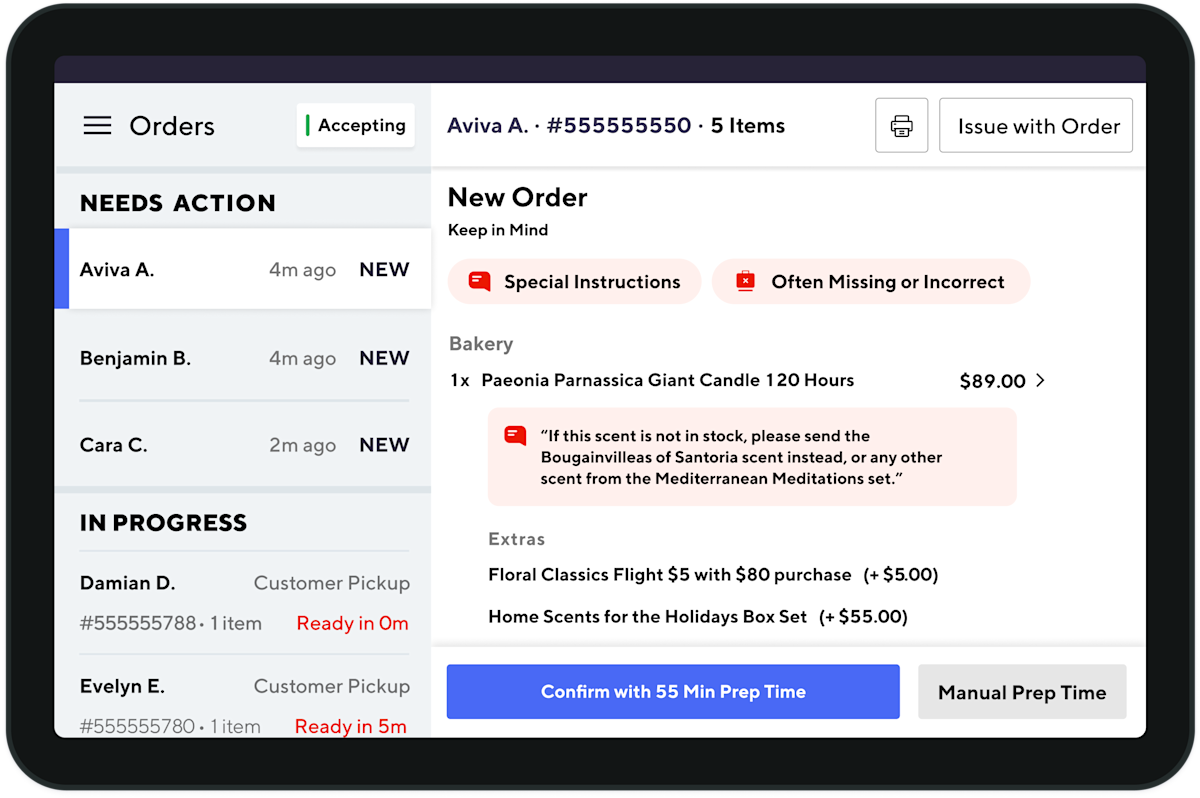 Mx Blog - Retail Delivery - Order request for candles on tablet