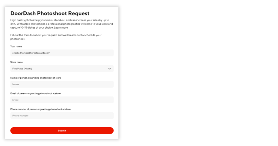 DoorDash Photoshoot Request Form